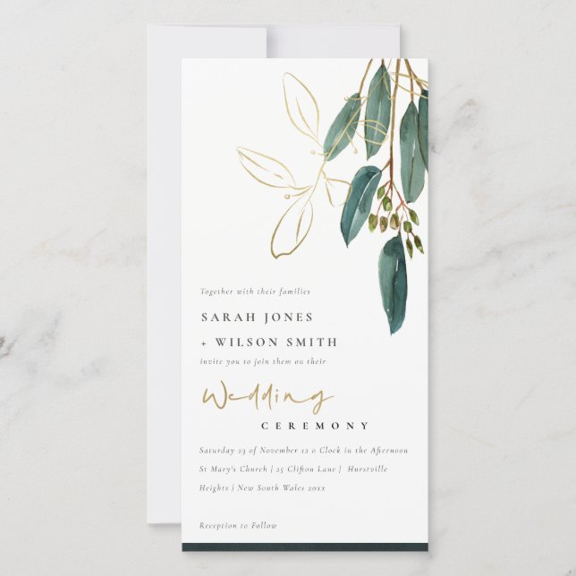 CHIC GOLD GREEN EUCALYPTUS FOLIAGE WEDING INVITE DANKESKARTE (Vorderseite)