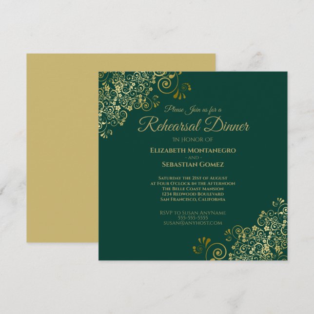Chic Gold & Green Wedding Probe Dinner Square Einladung (Vorne/Hinten)