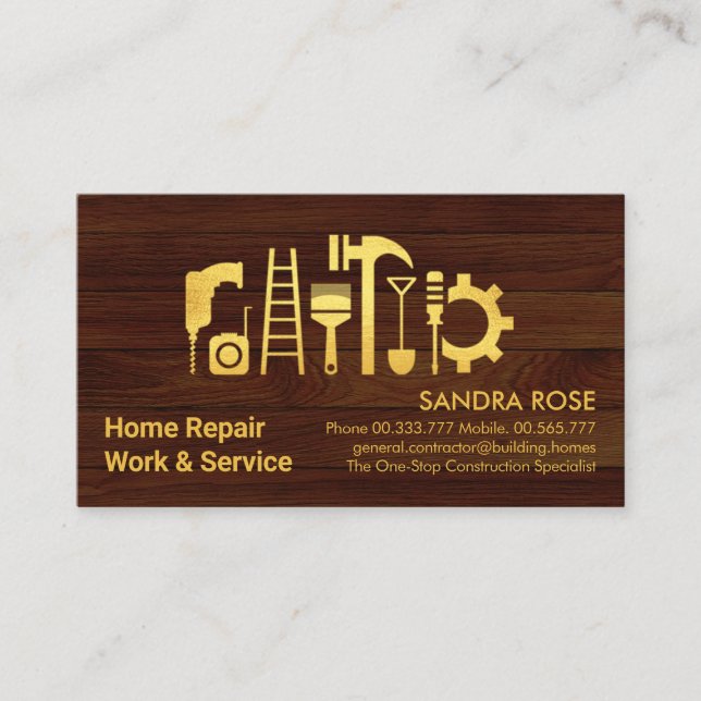 Chic Gold Handyman Tools on Wood Visitenkarte (Vorderseite)