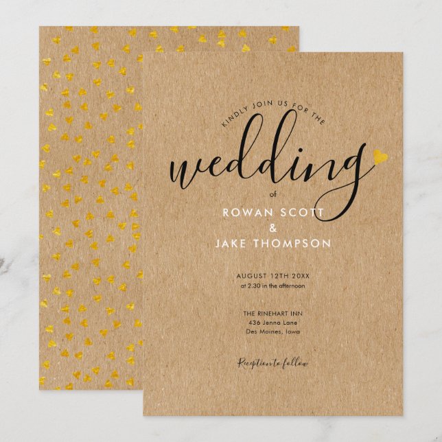 Chic Gold Heart Rustic Kraft Wedding Einladung (Vorne/Hinten)