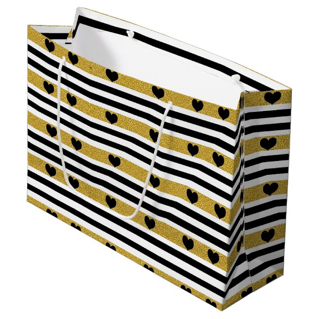 Chic Gold Herz Monochrom-Muster Große Geschenktüte (Vorderseite Schrägansicht)