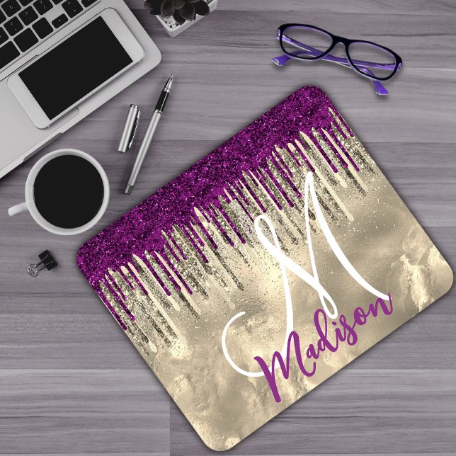 Chic gold, Hot-pink lila Glitzer Tropfen Monogramm Mousepad (Von Creator hochgeladen)