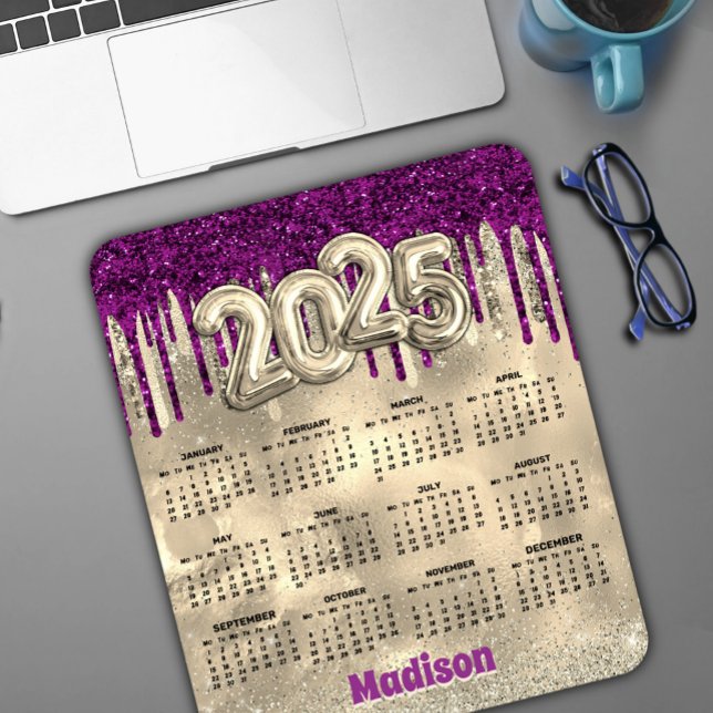 Chic gold hot pink Tropfen monogram 2025 calendar Mousepad (Von Creator hochgeladen)