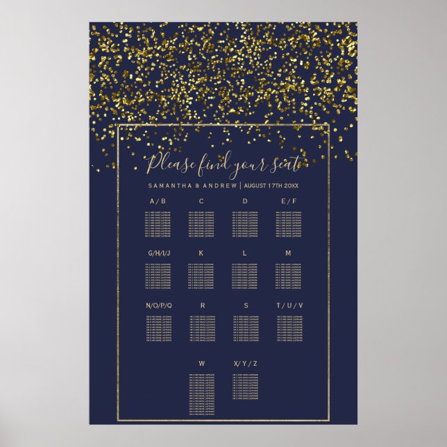Chic gold Konfetti blaue Hochzeitskarte Poster (Vorne)