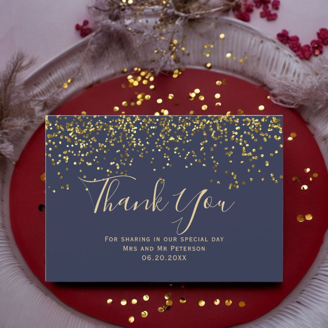Chic gold Konfetti Marine blauen Typografie danke Karte (Chic gold confetti navy blue typography thank you card)
