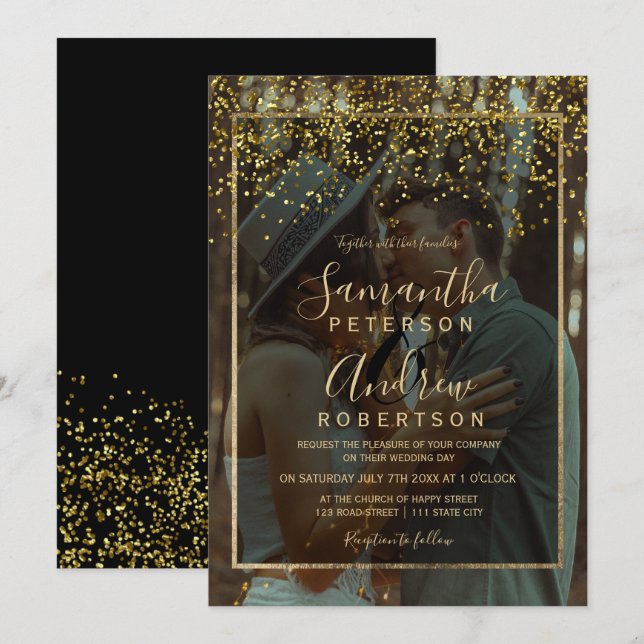 Chic gold Konfetti Typografie Foto Hochzeit Einladung (Vorne/Hinten)