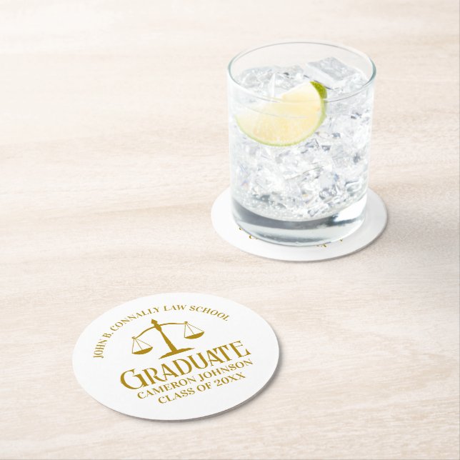 Chic Gold Law School Custom Graduation Party Runder Pappuntersetzer (Vor Ort)