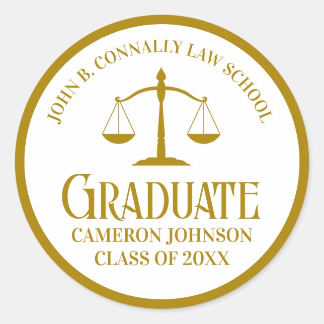 Chic Gold Law School Graduation Party Runder Aufkleber (Vorderseite)