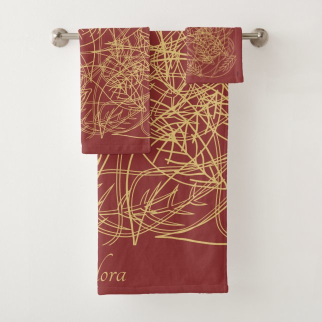 Chic Gold Leaf Burgund Klassisches Muster Badhandtuch Set (Insitu)