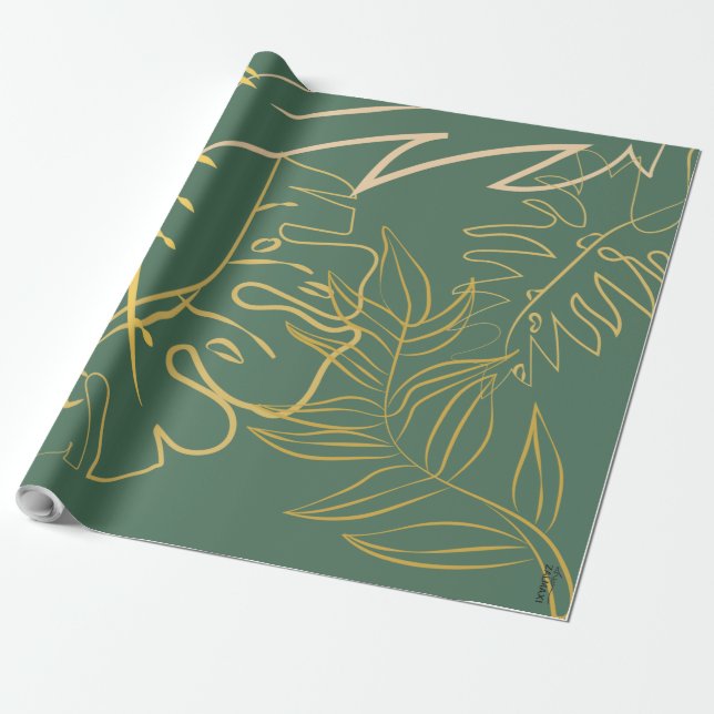 Chic Gold Leaf Grüner Hintergrund Geschenkpapier (Ungerollt)