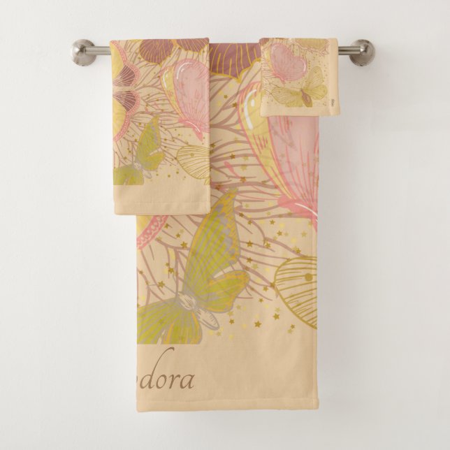 Chic Gold Leaf und Butterfly Rosa Hintergrund Badhandtuch Set (Insitu)