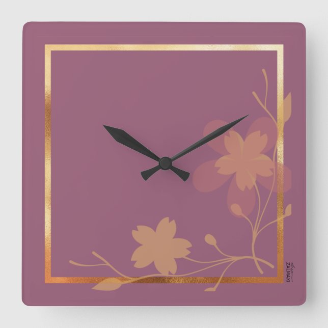 Chic Gold Lila Abstrakte Blumenrahmen Quadratische Wanduhr (Vorderseite)