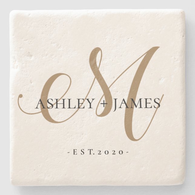 Chic Gold M Monogram Script Name Wedding Date Steinuntersetzer (Vorderseite)