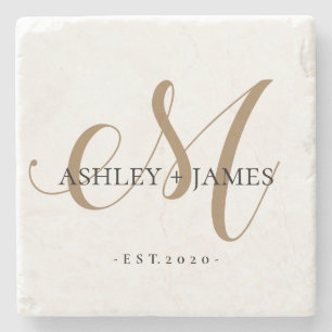 Chic Gold M Monogram Script Name Wedding Date Steinuntersetzer