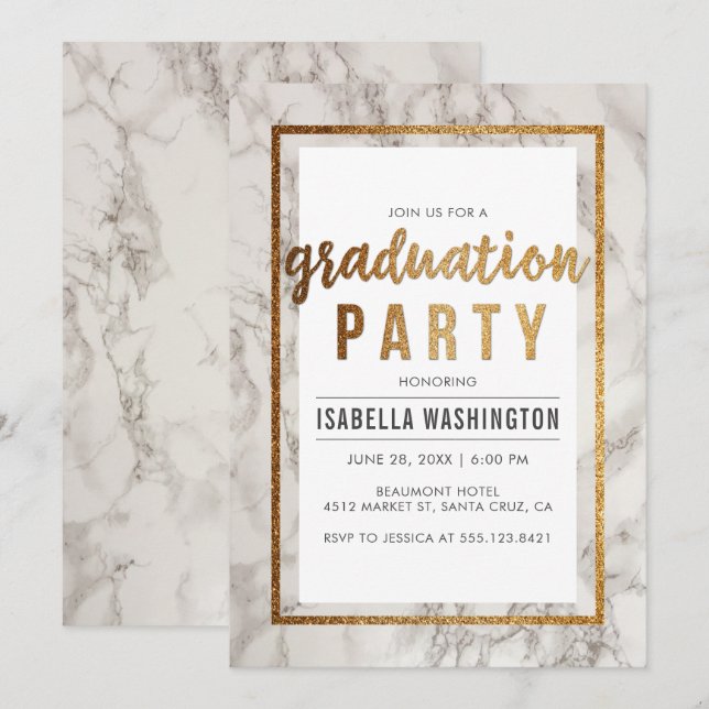 Chic Gold & Marble Typografy Graduation Party Einladung (Vorne/Hinten)