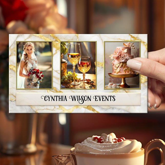 Chic Gold Marble Wedding Planner Foto Visitenkarte (Business card featuring your photos on chic gold veined marble - event planner - with social media)