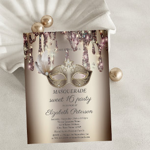 Chic Gold Masque, Tropfen, Masquerade Sweet 16 Einladungspostkarte