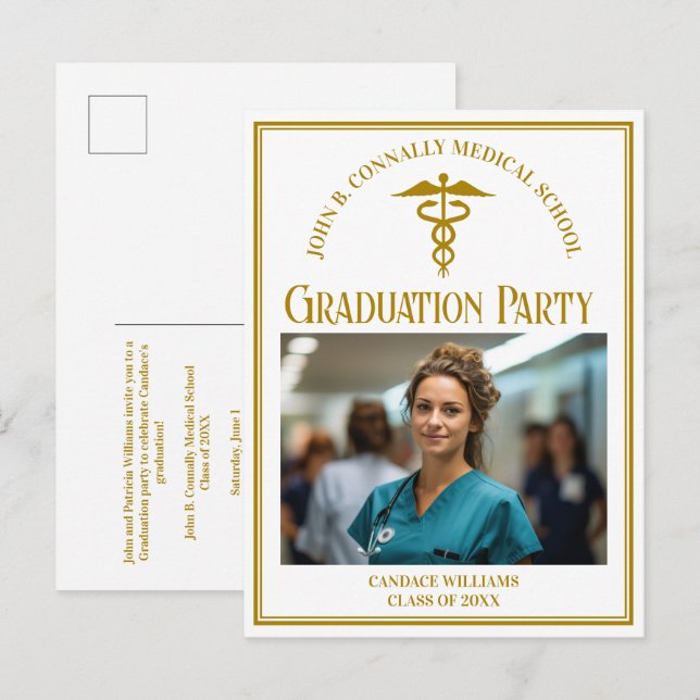 Chic Gold Medical School Abschluss Foto Party Einladungspostkarte (Vorne/Hinten)