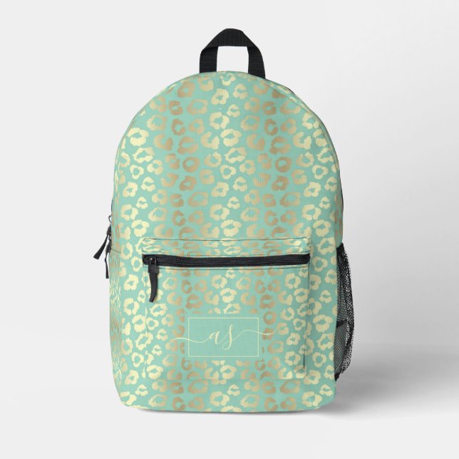 Chic Gold & Minze Green Leopard Print Mit Monogram Bedruckter Rucksack (Vorderseite)