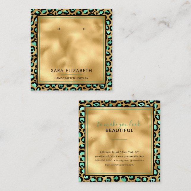 Chic Gold Minze Leopard Print Earring Display Card Quadratische Visitenkarte (Vorne/Hinten)