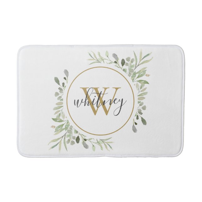 Chic Gold Monogram Elegant Script Greenery Badematte (Vorderseite)