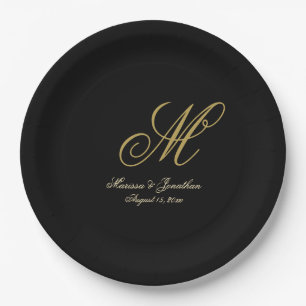 Chic Gold Monogram Script Black Wedding Pappteller