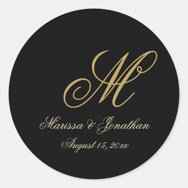 Chic Gold Monogram Script Black Wedding Runder Aufkleber (Vorderseite)
