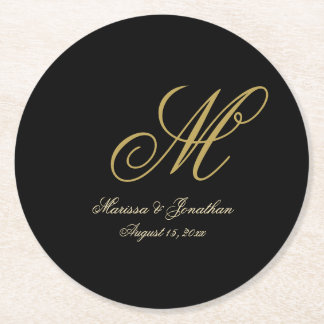 Chic Gold Monogram Script Black Wedding Runder Pappuntersetzer