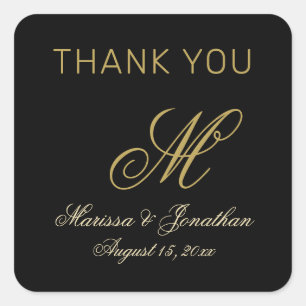Chic Gold Monogram Script Black Wedding Vielen Dan Quadratischer Aufkleber