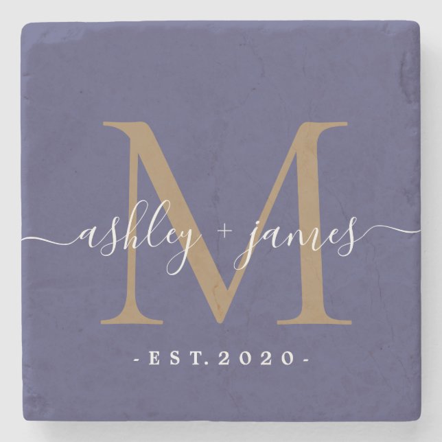 Chic Gold Monogram Script-Namen Hochzeitdatum Blau Steinuntersetzer (Vorderseite)