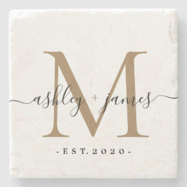Chic Gold Monogram Script-Namen Hochzeitdatum Steinuntersetzer