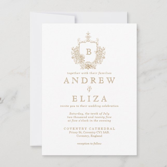 Chic Gold Monogram Wappen Hochzeitseinladung Einladung (Vorderseite)