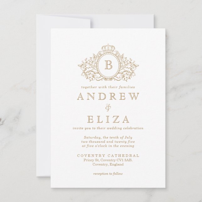 Chic Gold Monogram Wappen Hochzeitseinladung Einladung (Vorderseite)