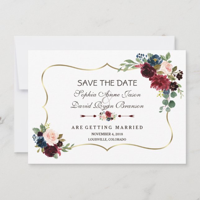 Chic Gold Navy Blue Merlot Floral Save the Date (Vorderseite)