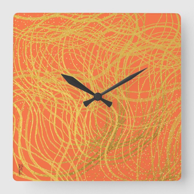 Chic Gold Orange Abstrakt Quadratische Wanduhr (Vorderseite)