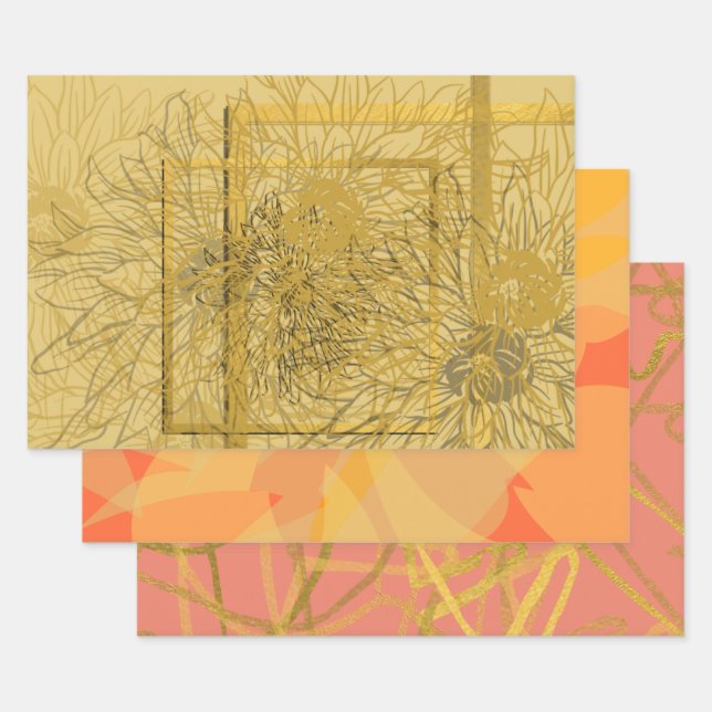 Chic Gold Orange Pink Floral Geschenkpapier Set (Set)