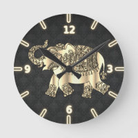 Chic Gold Paisley Floral Elephant, Black Damask
