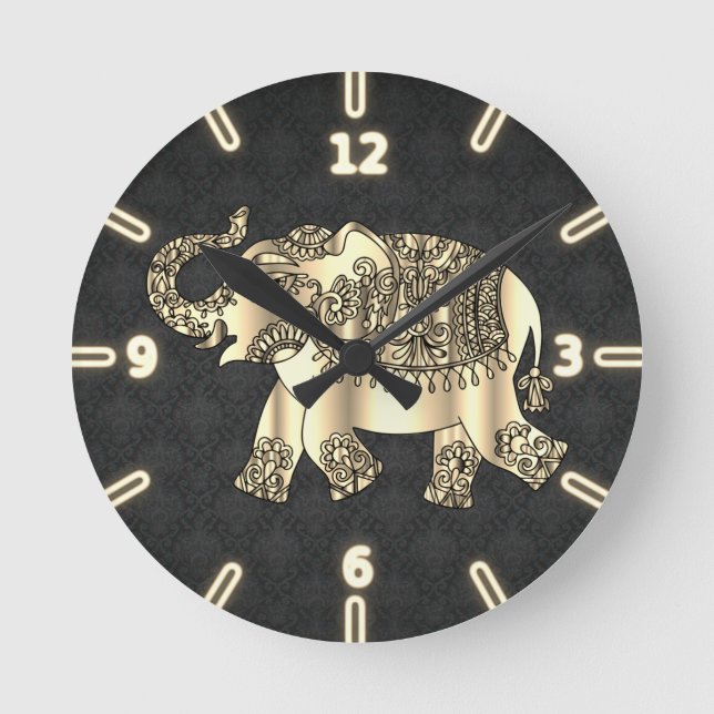 Chic Gold Paisley Floral Elephant, Black Damask Runde Wanduhr (Vorderseite)