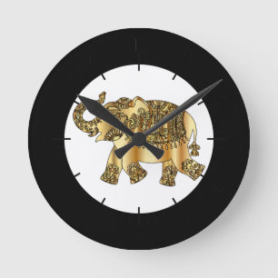 Chic Gold Paisley Floral Elephant, Runde Wanduhr
