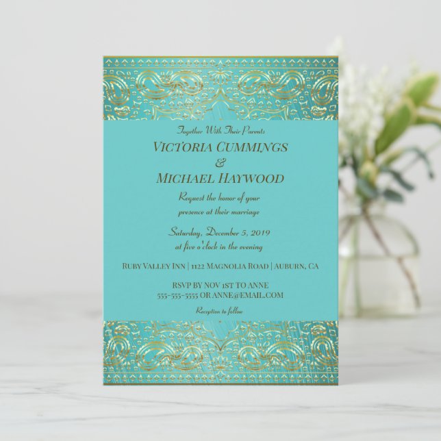 Chic Gold Paisley und Aqua Blue Einladung (Stehend Vorderseite)