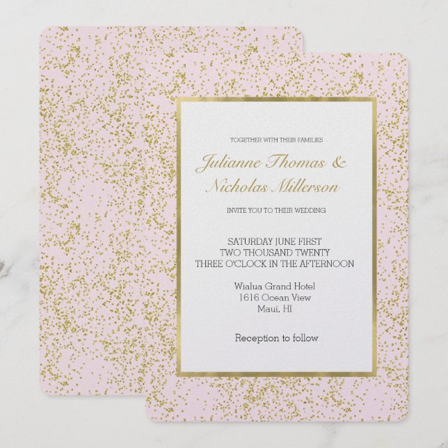 Chic Gold Pink Blush Confetti Sparkle Hochzeit Einladung (Vorne/Hinten)