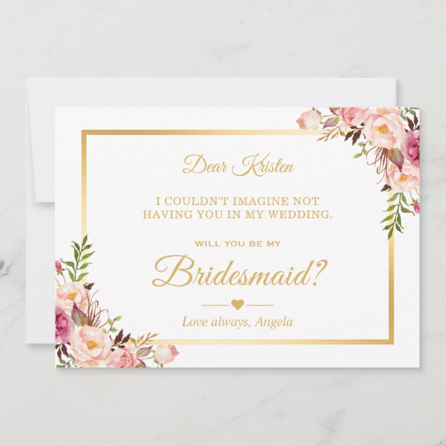 Chic Gold Pink Floral werden Sie meine Brautjungfr Einladung (Vorderseite)