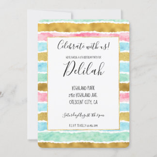Chic Gold Pink Minze Blue Aquarellstreifen Einladung