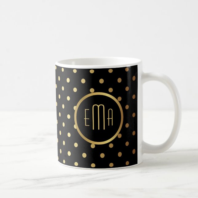 Chic Gold Polka Dots auf Schwarz mit Ihrer Monogra Kaffeetasse (Rechts)