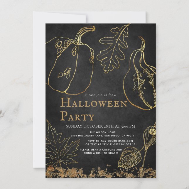 Chic Gold Pumpkin Black Halloween Party Einladung (Vorderseite)