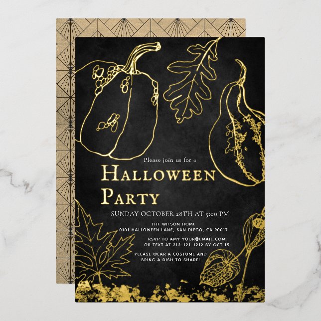 Chic Gold Pumpkin Black Halloween Party Folieneinladung (Vorderseite/Rückseite)