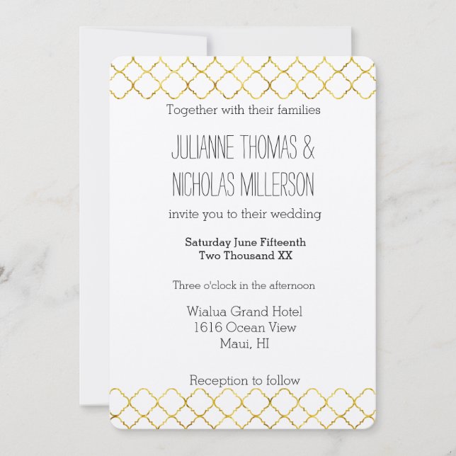 Chic Gold Quatrefoil Wedding Einladung (Vorderseite)