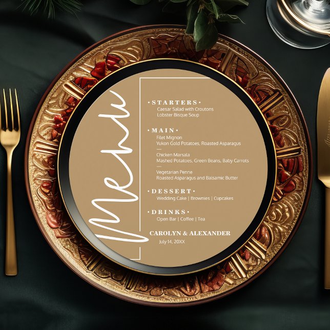 Chic Gold Round Menükarte (Chic Gold round menu ready to be personalized for your sit-down dinner occasion.)