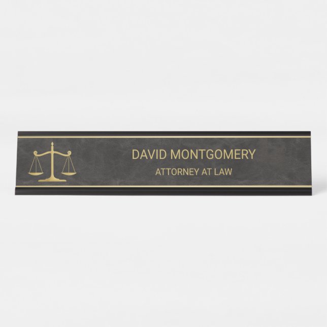 Chic Gold Scales of Justice Black Leather Anwalt Schreibtischnamensplakette (Vorderseite )