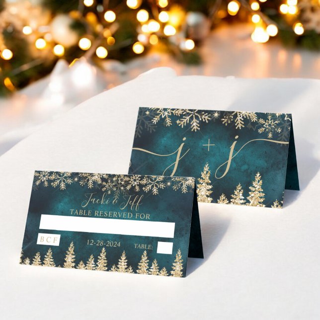 Chic gold Schnee Pine grün Weihnachtstisch Platzkarte (Chic gold snow pine green Christmas winter table Place Card)
